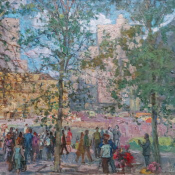 Schilderij getiteld "Арбатская площадь,…" door Iurii Viktorovich Gusev, Origineel Kunstwerk, Olie Gemonteerd op Frame voor h…