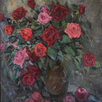 Peinture intitulée "Красные розы" par Iurii Viktorovich Gusev, Œuvre d'art originale, Huile Monté sur Châssis en bois