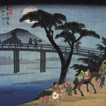 Prenten & gravures getiteld "Homme à cheval trav…" door Utagawa Hiroshige, Origineel Kunstwerk, Xylograaf