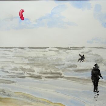 Painting titled "Am Strand surfen" by Ute Lempp, Original Artwork, Ink Mounted on Cardboard