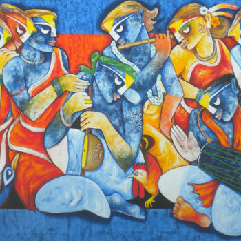 Painting titled "Tribal music Band" by Uttam Manna, Original Artwork, Acrylic