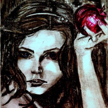 Disegno intitolato "Девушка с яблоком" da Iuliia Naivert, Opera d'arte originale, Matita