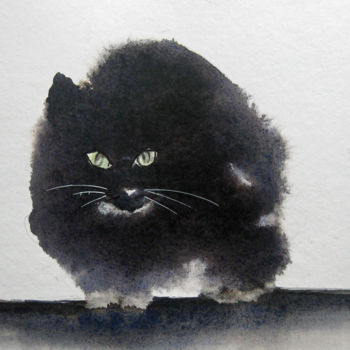 Schilderij getiteld "Chat noir" door Les Aquarelles D’Uve, Origineel Kunstwerk, Aquarel