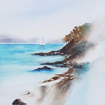 Painting titled "plage corse 2" by Les Aquarelles D’Uve, Original Artwork, Watercolor