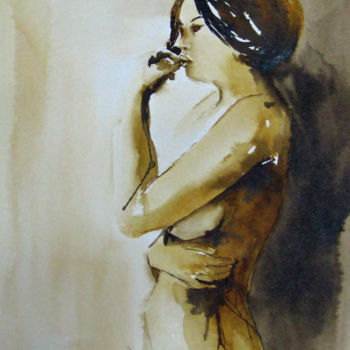 Painting titled "Songeuse" by Les Aquarelles D’Uve, Original Artwork, Watercolor