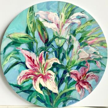 Malarstwo zatytułowany „White lilies-home d…” autorstwa Tatiana Timofeeva, Oryginalna praca, Olej Zamontowany na Drewniana r…