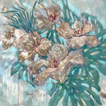 Painting titled "Tropical flowers II…" by Tatiana Timofeeva, Original Artwork, Oil Mounted on Wood Stretcher frame