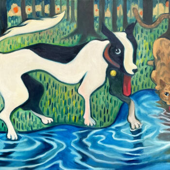 Malarstwo zatytułowany „A Dog, a cat and th…” autorstwa Uy Nguyen, Oryginalna praca, Olej