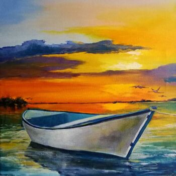 Pittura intitolato ""barque au soleil l…" da Valerie Sorbets, Opera d'arte originale, Olio