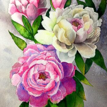 Pittura intitolato ""bouquet de pivoine…" da Valerie Sorbets, Opera d'arte originale, Acquarello