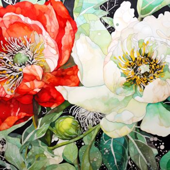 Painting titled "Red and white flowe…" by V+V Kniazievi, Original Artwork, Acrylic