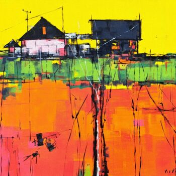 Painting titled "OLD HOUSES ON THE F…" by V+V Kniazievi, Original Artwork, Acrylic