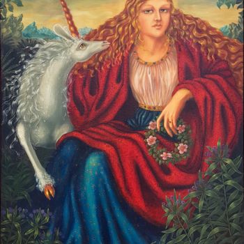 Ζωγραφική με τίτλο "Maiden and the unic…" από Vaclav Vaca, Αυθεντικά έργα τέχνης, Λάδι