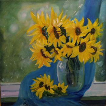 Painting titled "Sunflowers on the w…" by Marina Dinin, Original Artwork, Oil Mounted on Wood Stretcher frame