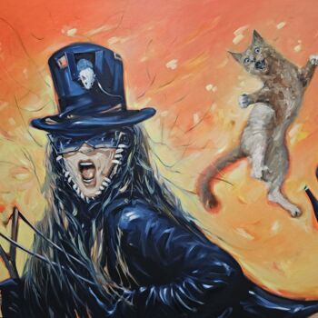 Painting titled ",,Catwoman, Scream,," by Vadim Kovalev, Original Artwork, Oil Mounted on Wood Stretcher frame