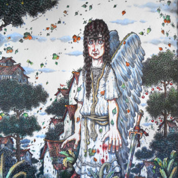 Disegno intitolato "Ангел/Angel" da Vazha Kurkhuli, Opera d'arte originale, Matite colorate