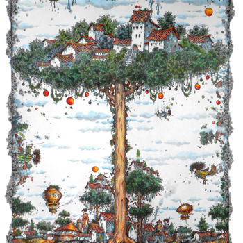 Disegno intitolato "Тысячелетнее дерево…" da Vazha Kurkhuli, Opera d'arte originale, Matita