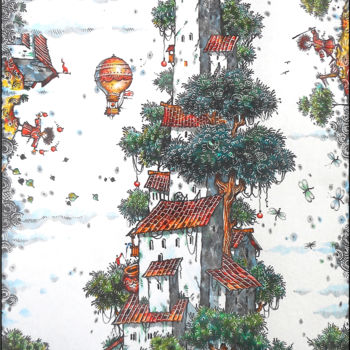 Dessin intitulée "Башня/Tower" par Vazha Kurkhuli, Œuvre d'art originale, Crayon