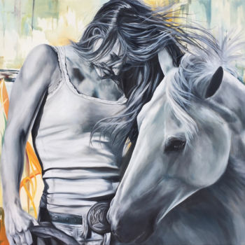 Pittura intitolato "The winning horse" da Val Escoubet, Opera d'arte originale, Olio