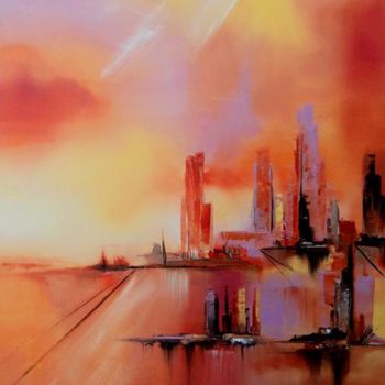 Painting titled "City Aurore" by Valerie Nunes, Original Artwork, Oil