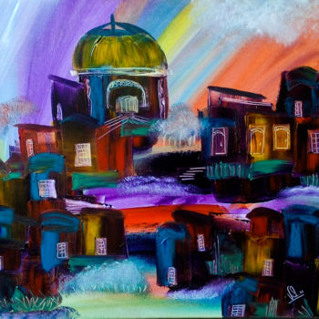 Pintura intitulada "Village de la nuit…" por Valerie Nunes, Obras de arte originais, Óleo