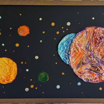 Collages titled "Lakers Planet" by Valdas Nariunas, Original Artwork, Collages Mounted on Wood Panel