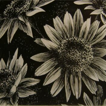 Drawing titled "B&W daisies" by Valdecir Balogo, Original Artwork, Ink Mounted on Cardboard