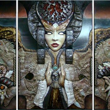 Escultura intitulada "La Diosa del triskel" por Valdif, Obras de arte originais, Cerâmica Montado em Painel de madeira