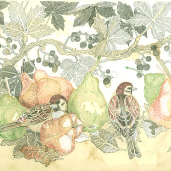 Pintura intitulada "The sparrows.jpg" por Valentina Arepyeva, Obras de arte originais