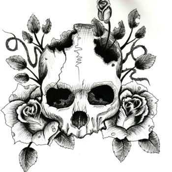 Drawing titled "Crâne & Roses" by Valentine Fasquel, Original Artwork
