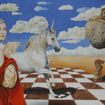 Peinture intitulée "La dama dell'unicor…" par Valentino Camiletti, Œuvre d'art originale, Tempera