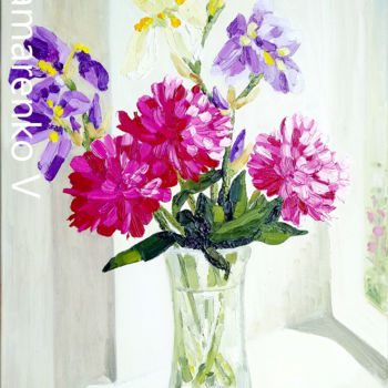 Картина под названием "Peony and iris in g…" - Valentina Kramarenko, Подлинное произведение искусства, Масло