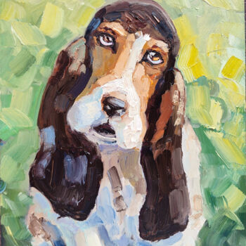 Painting titled "Basset Hound dog" by Valentina Kramarenko, Original Artwork, Oil