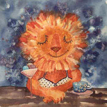 Peinture intitulée "The Lion on vacatio…" par Valentina Pushkareva, Œuvre d'art originale, Aquarelle