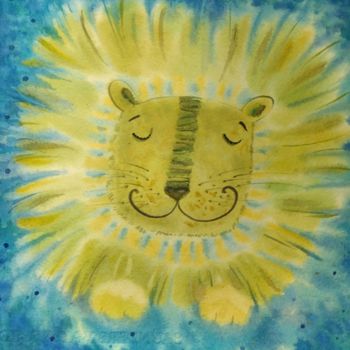 Schilderij getiteld "Sunny Lion" door Valentina Pushkareva, Origineel Kunstwerk, Aquarel