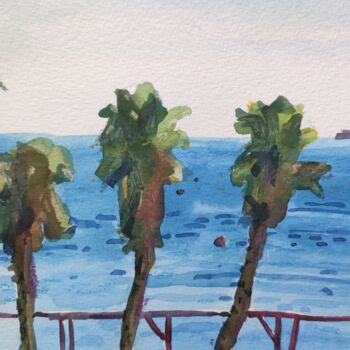Painting titled "The palms and the s…" by Valentina Pushkareva, Original Artwork, Watercolor