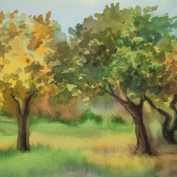 Painting titled "Golden autumn" by Valentina Pushkareva, Original Artwork, Watercolor