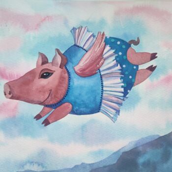Картина под названием "Piggy" - Valentina Pushkareva, Подлинное произведение искусства, Акварель