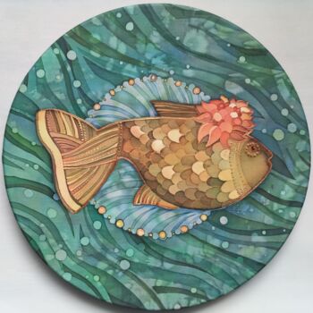 Textile Art titled "Golden fish" by Valentina Pushkareva, Original Artwork, Acrylic Mounted on Other rigid panel