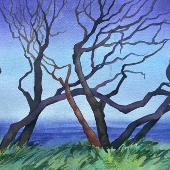 Painting titled "Sea and tree" by Valentina Pushkareva, Original Artwork, Watercolor
