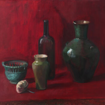 Painting titled "Red still life" by Valentina Timchenko, Original Artwork, Oil Mounted on Wood Stretcher frame
