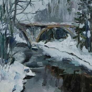 Painting titled "Karelian Bridge" by Valentina Timchenko, Original Artwork, Oil Mounted on Wood Stretcher frame