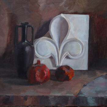Painting titled "Still life with pom…" by Valentina Timchenko, Original Artwork, Oil Mounted on Wood Stretcher frame
