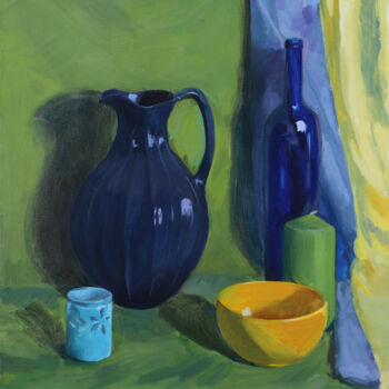 Painting titled "Green still life" by Valentina Timchenko, Original Artwork, Oil Mounted on Wood Stretcher frame