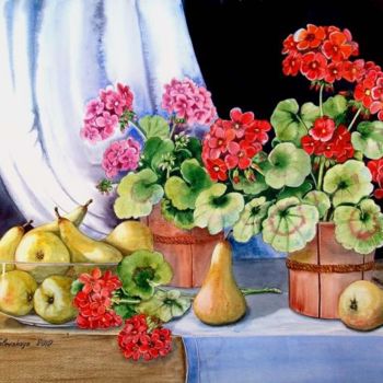 Картина под названием "Груши и герань" - Valentina Valevskaya, Подлинное произведение искусства, Масло