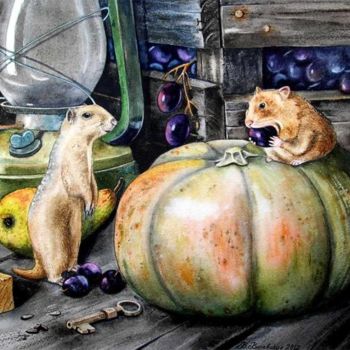 Malarstwo zatytułowany „Ground squirrel and…” autorstwa Valentina Valevskaya, Oryginalna praca, Olej