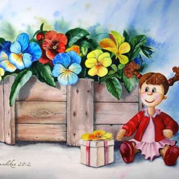 Painting titled "A doll with a gift" by Valentina Valevskaya, Original Artwork, Oil