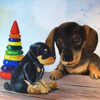 Painting titled "Two puppies      Дв…" by Valentina Valevskaya, Original Artwork, Oil