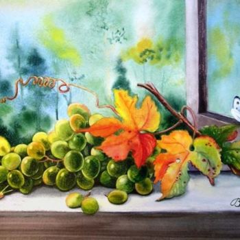 Painting titled "Grape on the window…" by Valentina Valevskaya, Original Artwork