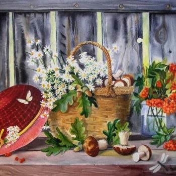 Painting titled "Hat and mushrooms…" by Valentina Valevskaya, Original Artwork, Oil